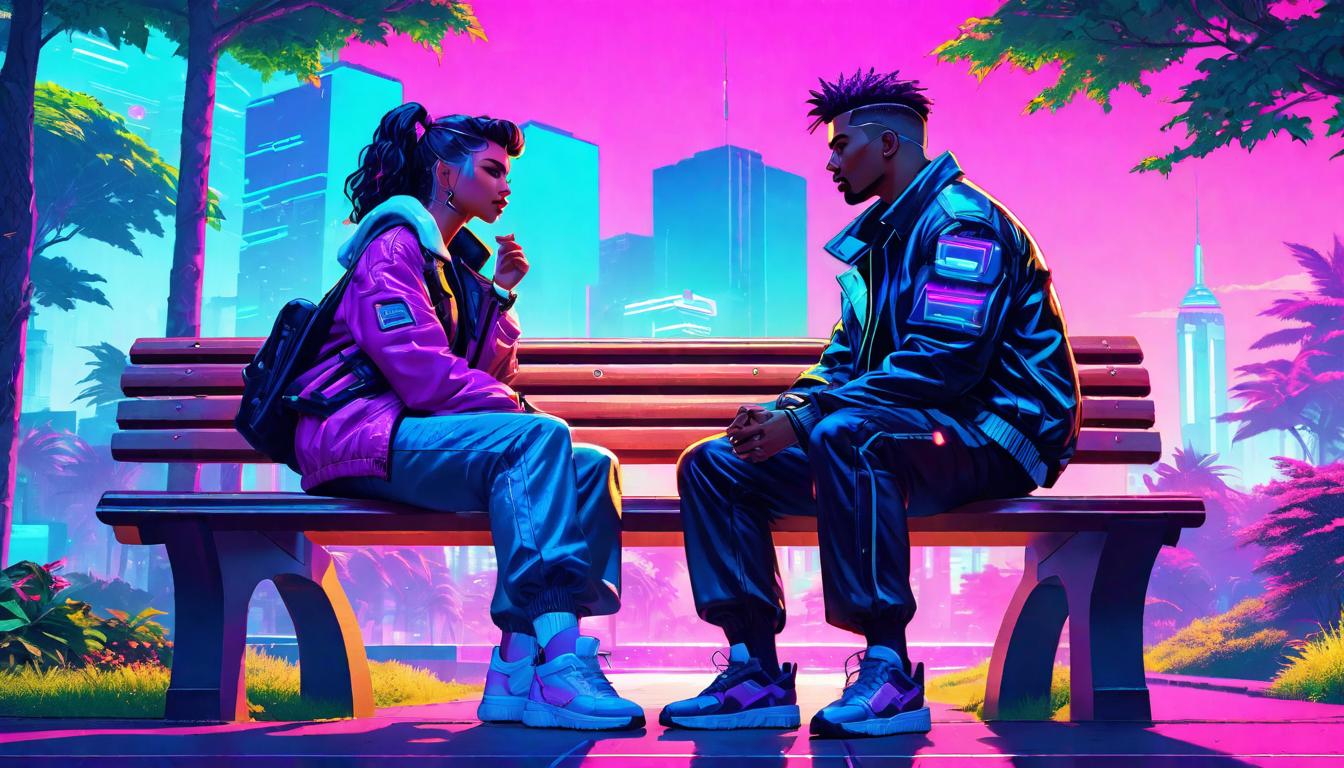  vaporwave,cyberpunk game style Two people seated on a park bench, engaged in deep conversation amidst nature, embodying connection and support, comforting, genuineeon, dystopian, futuristic, digital, vibrant, detailed, high contrast, reminiscent of cyberpunk genre video games,retro aesthetic, cyberpunk, vibrant, neon colors, vintage 80s and 90s style, highly detailed