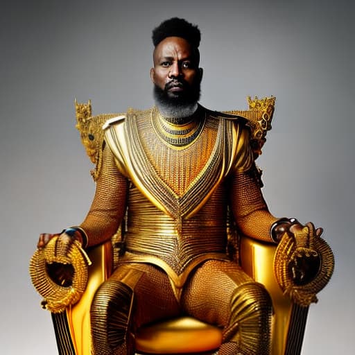 lnkdn photography Hanson African King on a golden throne with his Hanson son beside Him hyperrealistic, full body, detailed clothing, highly detailed, cinematic lighting, stunningly beautiful, intricate, sharp focus, f/1. 8, 85mm, (centered image composition), (professionally color graded), ((bright soft diffused light)), volumetric fog, trending on instagram, trending on tumblr, HDR 4K, 8K