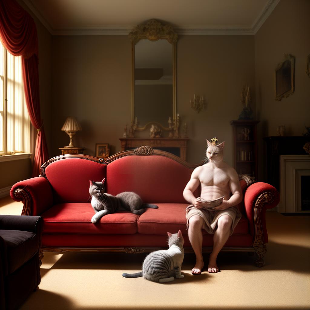 large room a man with a package of pet food stands in the center of the room and looks at a cat sitting on a sofa with a crown on his head, photographic quality, 8 K.