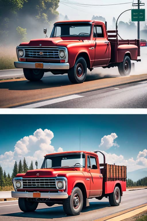  A red pickup truck loaded with goods drove sideways on the highway hyperrealistic, full body, detailed clothing, highly detailed, cinematic lighting, stunningly beautiful, intricate, sharp focus, f/1. 8, 85mm, (centered image composition), (professionally color graded), ((bright soft diffused light)), volumetric fog, trending on instagram, trending on tumblr, HDR 4K, 8K