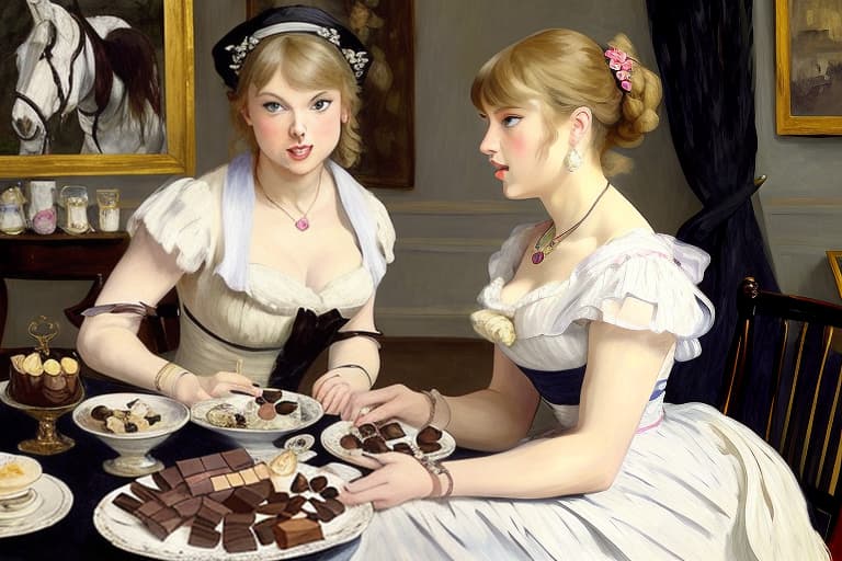  Happy beautiful Taylor Swift with pink cheeks and streaks of sunlight on her, gazing at a piece of fine dark chocolate, painted in the style of Édouard Manet. Foreground has a plate of fine dark chocolates on a coffee table. Background has a thoroughbred horses, white horse fences, limestone fences