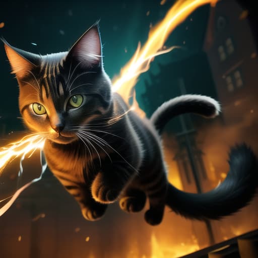  an anthropomorphic cat wearing black linen is depicted in an action pose, swirling fire with an arrow symbol in cat hand, floating above a street in a dark city alleyway, swirling magic effects and swirling energy waves surround cat, with a golden glow on cat face and body, looking at the camera, hyper detailed, movie still, ultrawide, ultra detailed, hyper focus, unreal engine, masterpiece, high rez, high quality, , (masterpiece, best quality:1.5), HDR 4K, 8K