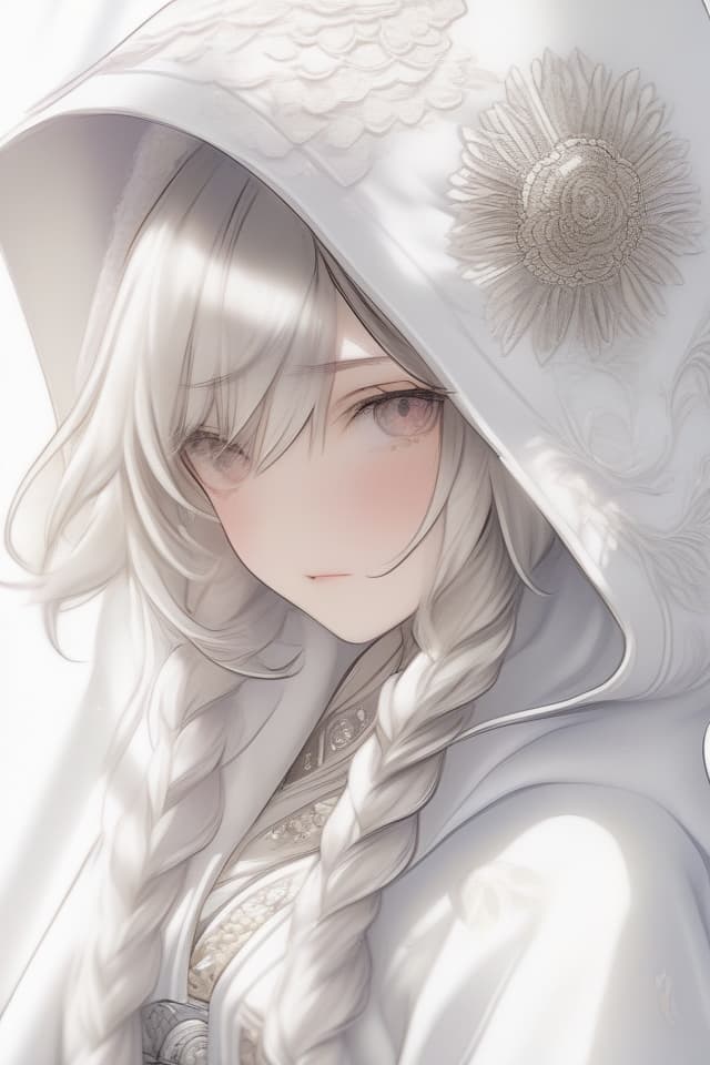  (Wearing a hood made of white fabric) fluffy Illustration (Close Up of Upper Body) Masterpiece, JAPANESE , JAPANESE BRIDAL GOWN, WHITE KIMONO WITH SILVER EMBROIDERY. Cotton Hat , EYES HIDDEN, ONLY MOUTH VISIBLE.