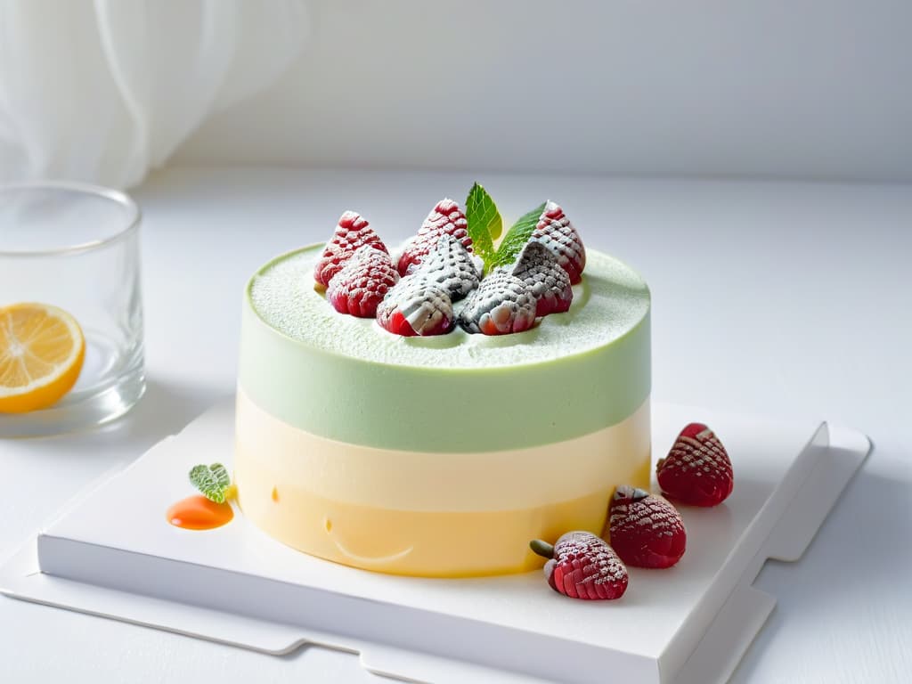  A minimalist and elegant image of a perfectly set bavarois dessert in a crystal clear glass, showcasing layers of creamy mousse and topped with fresh raspberries and mint leaves. The light from a nearby window gently illuminates the dessert, highlighting its smooth texture and inviting presentation. hyperrealistic, full body, detailed clothing, highly detailed, cinematic lighting, stunningly beautiful, intricate, sharp focus, f/1. 8, 85mm, (centered image composition), (professionally color graded), ((bright soft diffused light)), volumetric fog, trending on instagram, trending on tumblr, HDR 4K, 8K