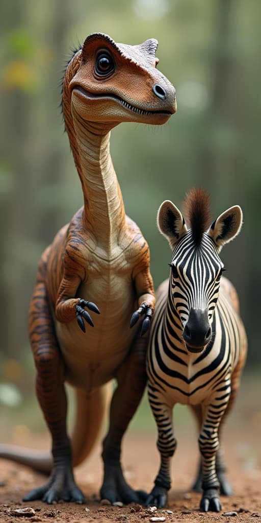  good quality, high quality, velociraptor standing right next to a zebra, realistic, highly detailed