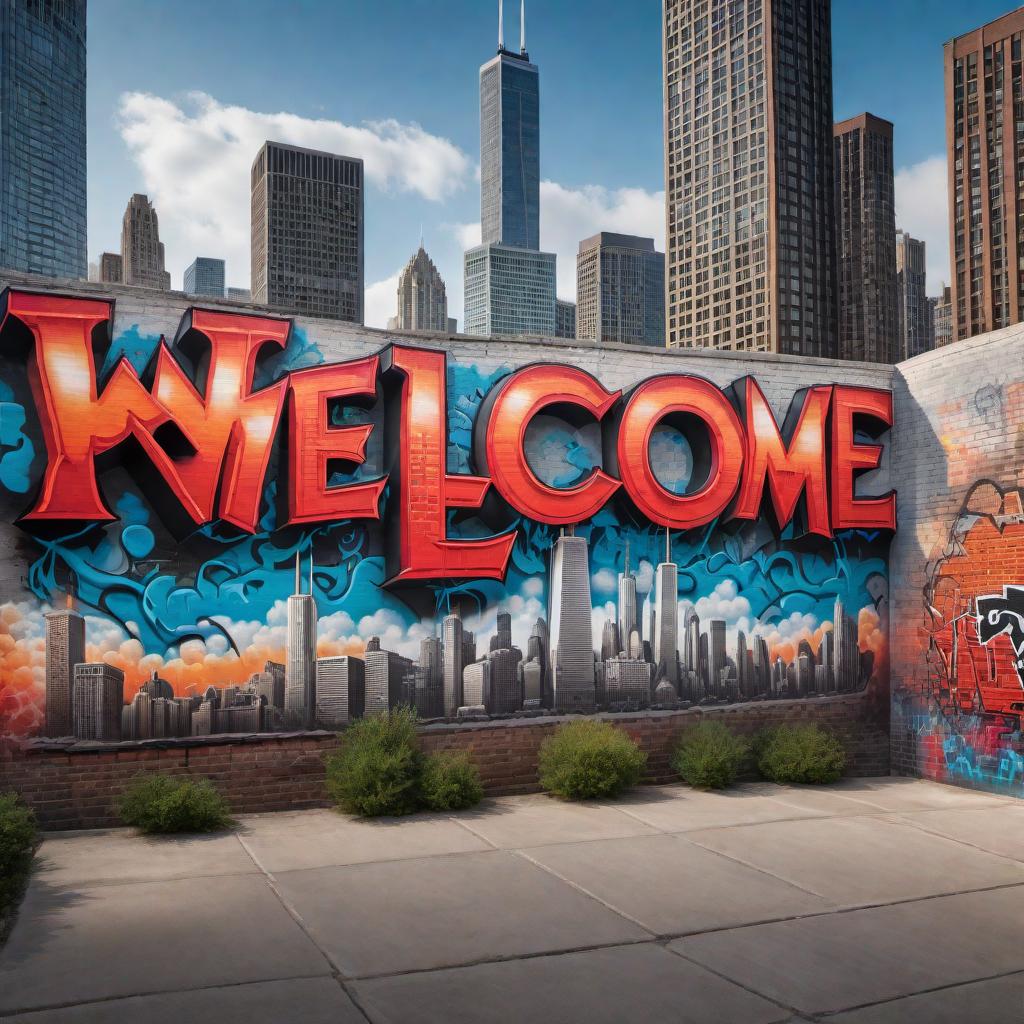  Create an image of a city wall with the words 'Welcome to' in a smaller font on top and 'Chicago' in a larger font underneath, in a realistic graffiti style, front view. hyperrealistic, full body, detailed clothing, highly detailed, cinematic lighting, stunningly beautiful, intricate, sharp focus, f/1. 8, 85mm, (centered image composition), (professionally color graded), ((bright soft diffused light)), volumetric fog, trending on instagram, trending on tumblr, HDR 4K, 8K