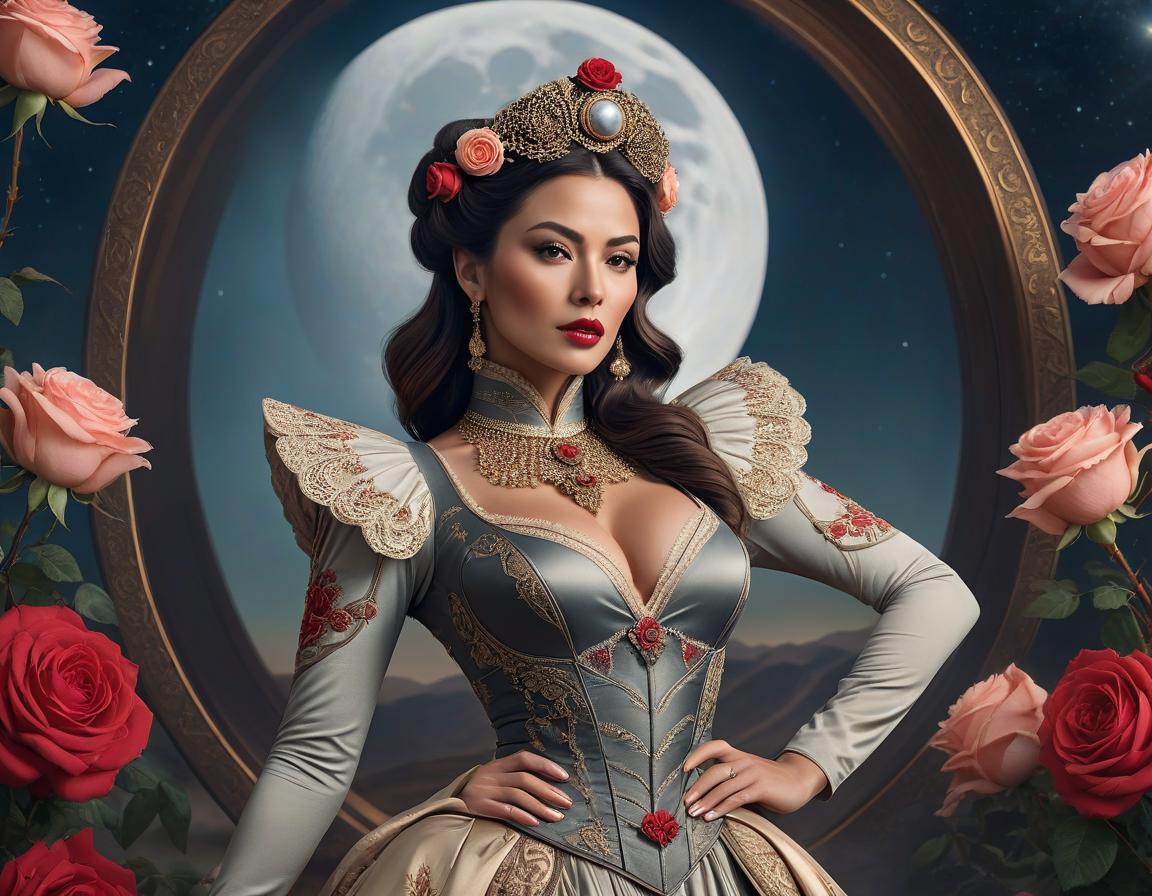  concept art An elaborate digital artwork of a woman in vintage attire with roses and a lunar backdrop. . digital artwork, illustrative, painterly, matte painting, highly detailed hyperrealistic, full body, detailed clothing, highly detailed, cinematic lighting, stunningly beautiful, intricate, sharp focus, f/1. 8, 85mm, (centered image composition), (professionally color graded), ((bright soft diffused light)), volumetric fog, trending on instagram, trending on tumblr, HDR 4K, 8K