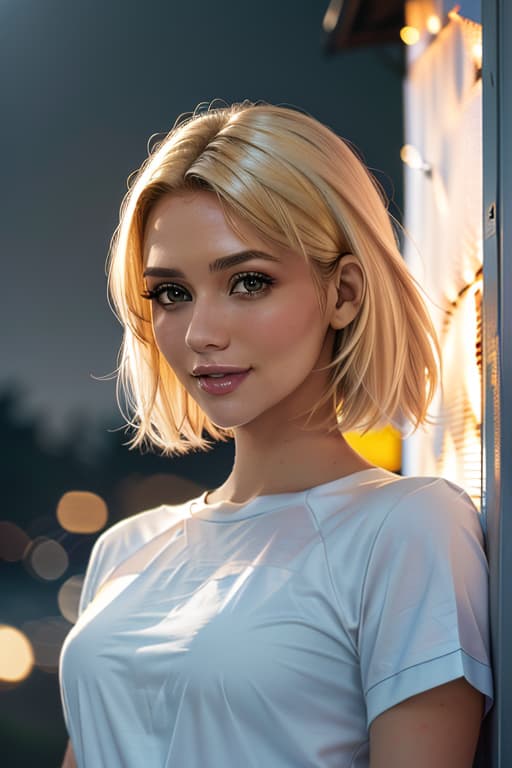  1girl,1girl,blonde short hair,straight hair,upper body shot,shirt,smile hyperrealistic, full body, detailed clothing, highly detailed, cinematic lighting, stunningly beautiful, intricate, sharp focus, f/1. 8, 85mm, (centered image composition), (professionally color graded), ((bright soft diffused light)), volumetric fog, trending on instagram, trending on tumblr, HDR 4K, 8K