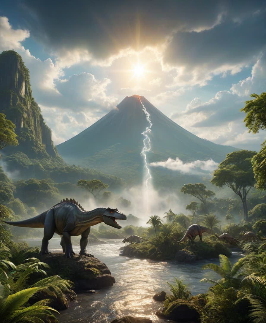  Beautiful landscape, river, lush trees, dinosaurs drinking water, mountains, sunshine, clouds, jungles, meteorite falling, end of the world, volcano erupting hyperrealistic, full body, detailed clothing, highly detailed, cinematic lighting, stunningly beautiful, intricate, sharp focus, f/1. 8, 85mm, (centered image composition), (professionally color graded), ((bright soft diffused light)), volumetric fog, trending on instagram, trending on tumblr, HDR 4K, 8K