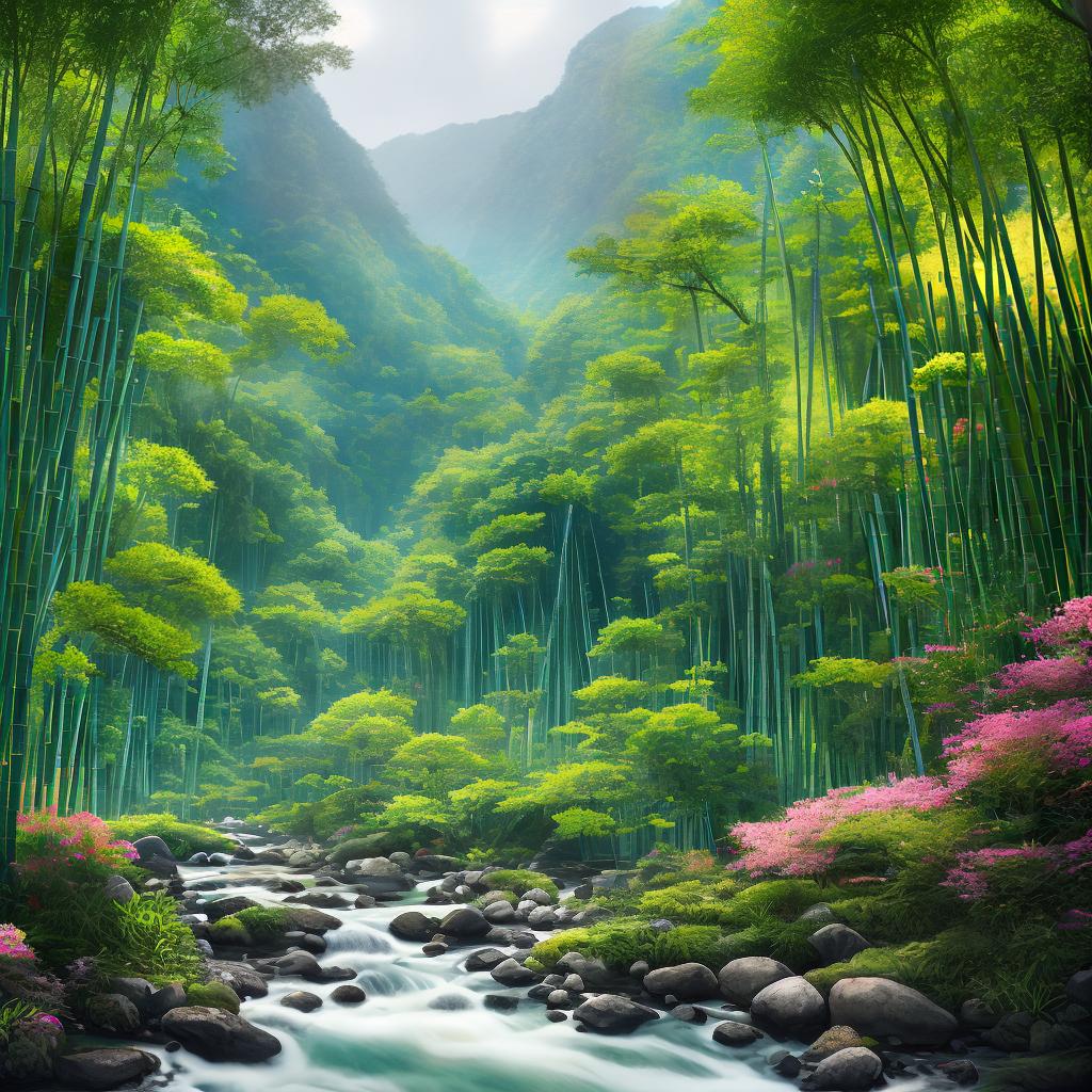  An ultra-detailed watercolor painting in 8k resolution and best quality. The tranquil beauty of Linkou, Taiwan captured in this artwork. Tall bamboo trees sway in the gentle breeze, a crystal-clear stream flows through the lush forest, colorful butterflies flutter around vibrant flowers, and a hidden temple can be seen in the distance. hyperrealistic, full body, detailed clothing, highly detailed, cinematic lighting, stunningly beautiful, intricate, sharp focus, f/1. 8, 85mm, (centered image composition), (professionally color graded), ((bright soft diffused light)), volumetric fog, trending on instagram, trending on tumblr, HDR 4K, 8K