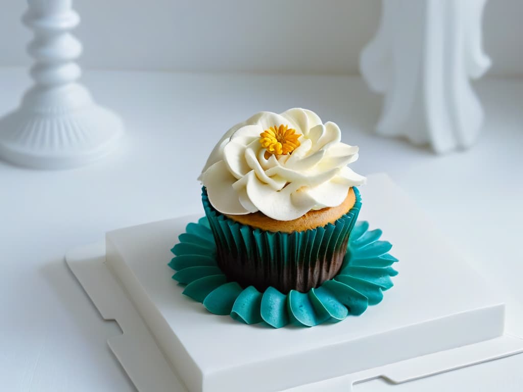  An ultradetailed closeup image of a glutenfree cupcake with intricate and innovative decoration, showcasing vibrant colors and intricate piping techniques. The cupcake is placed on a sleek, modern white plate, with soft natural lighting enhancing every detail of the design, from delicate sugar flowers to precise piped patterns, creating a visually stunning and appetizing image that captures the essence of innovative glutenfree cupcake decoration. hyperrealistic, full body, detailed clothing, highly detailed, cinematic lighting, stunningly beautiful, intricate, sharp focus, f/1. 8, 85mm, (centered image composition), (professionally color graded), ((bright soft diffused light)), volumetric fog, trending on instagram, trending on tumblr, HDR 4K, 8K