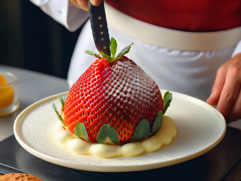  A closeup, ultradetailed image of a skilled pastry chef meticulously slicing a ripe, vibrant red strawberry with precision, capturing the intricate seeds and juicy texture of the fruit. The chef's hands are deftly maneuvering the knife, showcasing expertise and care in the culinary process. The vibrant colors and fine details highlight the freshness and quality of the ingredients being utilized in the art of pastry making. hyperrealistic, full body, detailed clothing, highly detailed, cinematic lighting, stunningly beautiful, intricate, sharp focus, f/1. 8, 85mm, (centered image composition), (professionally color graded), ((bright soft diffused light)), volumetric fog, trending on instagram, trending on tumblr, HDR 4K, 8K