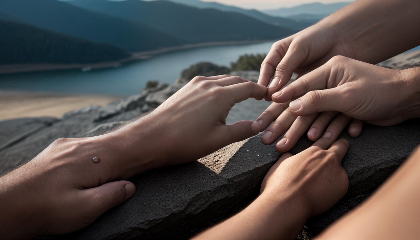  cinematic, aesthetic, Two hands reaching out towards each other, detailed fingers and palms, gentle grip, mutual respect, background suggesting deep camaraderie, bonds, trust, 4k, HDR, lens flare