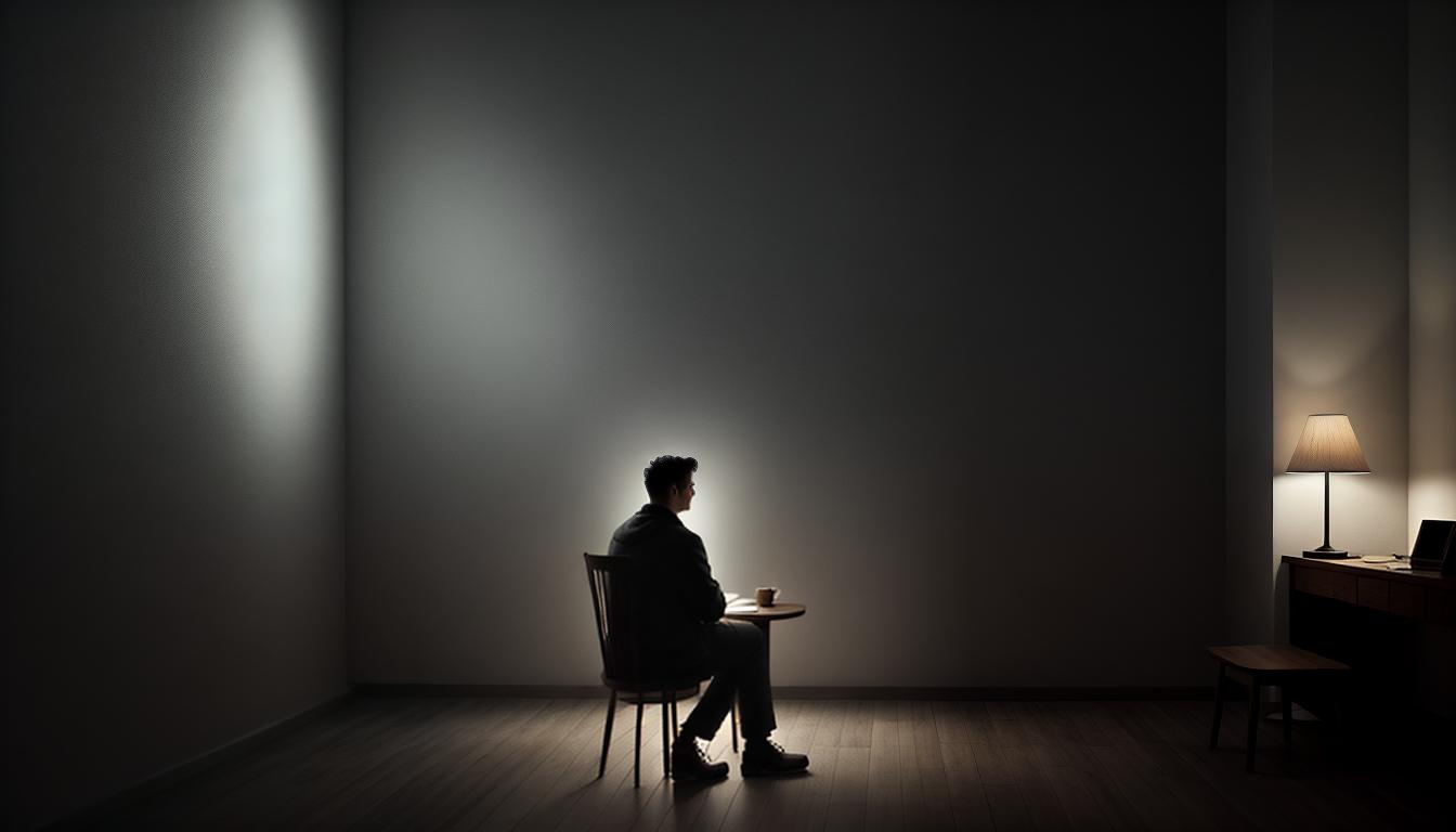  digital illustration, a thoughtful man sitting alone in a dimly lit room, deep in contemplation, subdued lighting, warm and cool tones balanced, reflective mood, sparse modern décor, looking at viewer, dynamic pose, (intricate details, masterpiece, best quality)