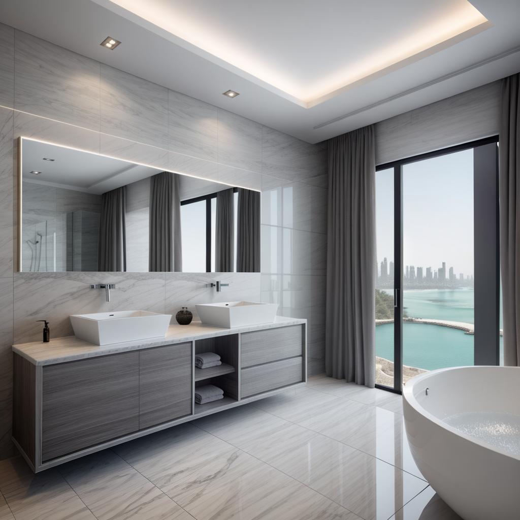  architecture photography 6. "Tranquil and serene bathroom in a Palm Jumeirah suite with double vanity unit, grey and white color scheme, wall mounted faucets, under vanity lighting, discreet toilet, glass partition shower with recessed shelf, hidden cabinetry for appliances, textured tiles with spa like lighting Luxury minimalistic bathroom design, photo realistic" hyperrealistic, full body, detailed clothing, highly detailed, cinematic lighting, stunningly beautiful, intricate, sharp focus, f/1. 8, 85mm, (centered image composition), (professionally color graded), ((bright soft diffused light)), volumetric fog, trending on instagram, trending on tumblr, HDR 4K, 8K