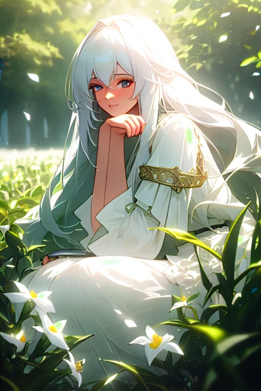  (masterpiece, best quality),1girl with long white hair sitting in a field of green plants and flowers, her hand under her chin, warm lighting, white dress, blurry foreground hyperrealistic, full body, detailed clothing, highly detailed, cinematic lighting, stunningly beautiful, intricate, sharp focus, f/1. 8, 85mm, (centered image composition), (professionally color graded), ((bright soft diffused light)), volumetric fog, trending on instagram, trending on tumblr, HDR 4K, 8K