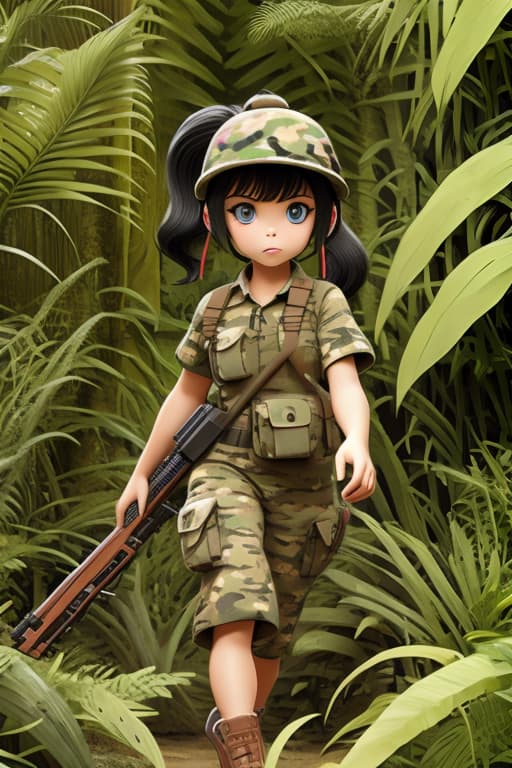  Camouflage, full body, background jungle, rifle, ponytail, odd eyes, big eyes, two legs, female.