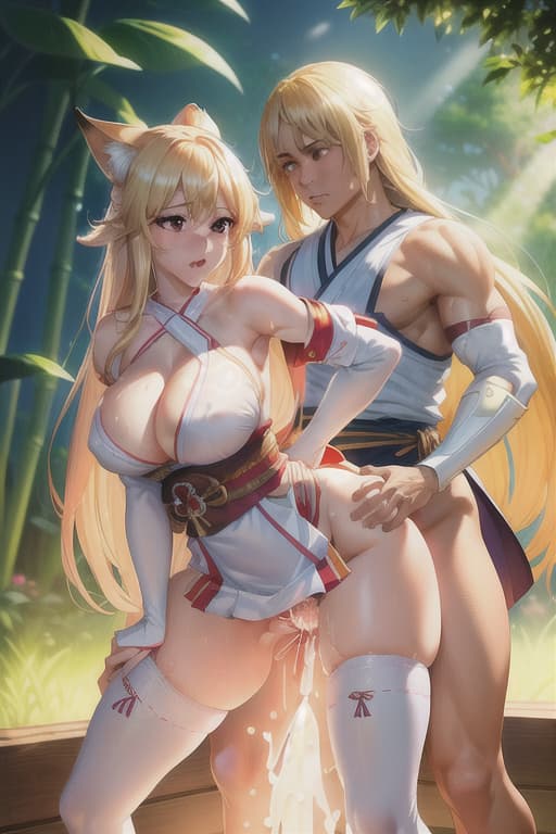  masterpiece, super fine illustration, best quality, light particles, ultra-detailed, 8K, (bright colors:1.2), (woman), medium breast, (blonde long hair:1.2), (fox ear), shiny hair, shiny skin, oily skin, ((white) miko clothes, detached sleeves, off-shoulder, obi, red miniskirt, (white) legwear:1.2), (nipple), (bottomless), (beautiful brown eyes, shiny eyes), (orgasm face), blush cheeks, arched back, (man:1.2), (man standing behind woman), (intense Sex:1.6), (doggy style sex:1.4), standing doggy, hetero, (man hold woman's hip:1.4), (cum out), outdoor, bamboo forest, sunlight, nsfw, hyperrealistic, full body, detailed clothing, highly detailed, cinematic lighting, stunningly beautiful, intricate, sharp focus, f/1. 8, 85mm, (centered image composition), (professionally color graded), ((bright soft diffused light)), volumetric fog, trending on instagram, trending on tumblr, HDR 4K, 8K