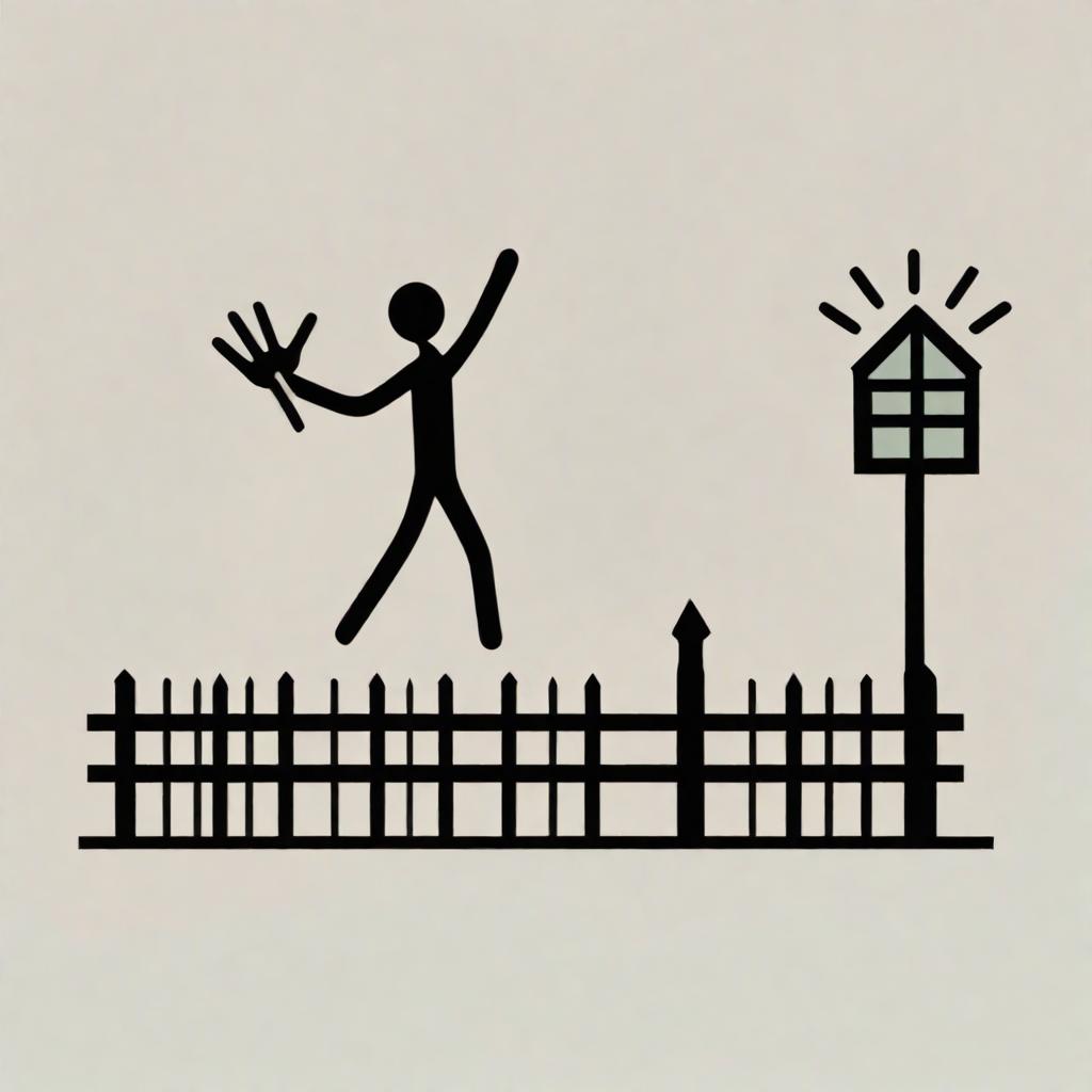  A minimalist icon, showing a stick figure waving outside a picket fence.