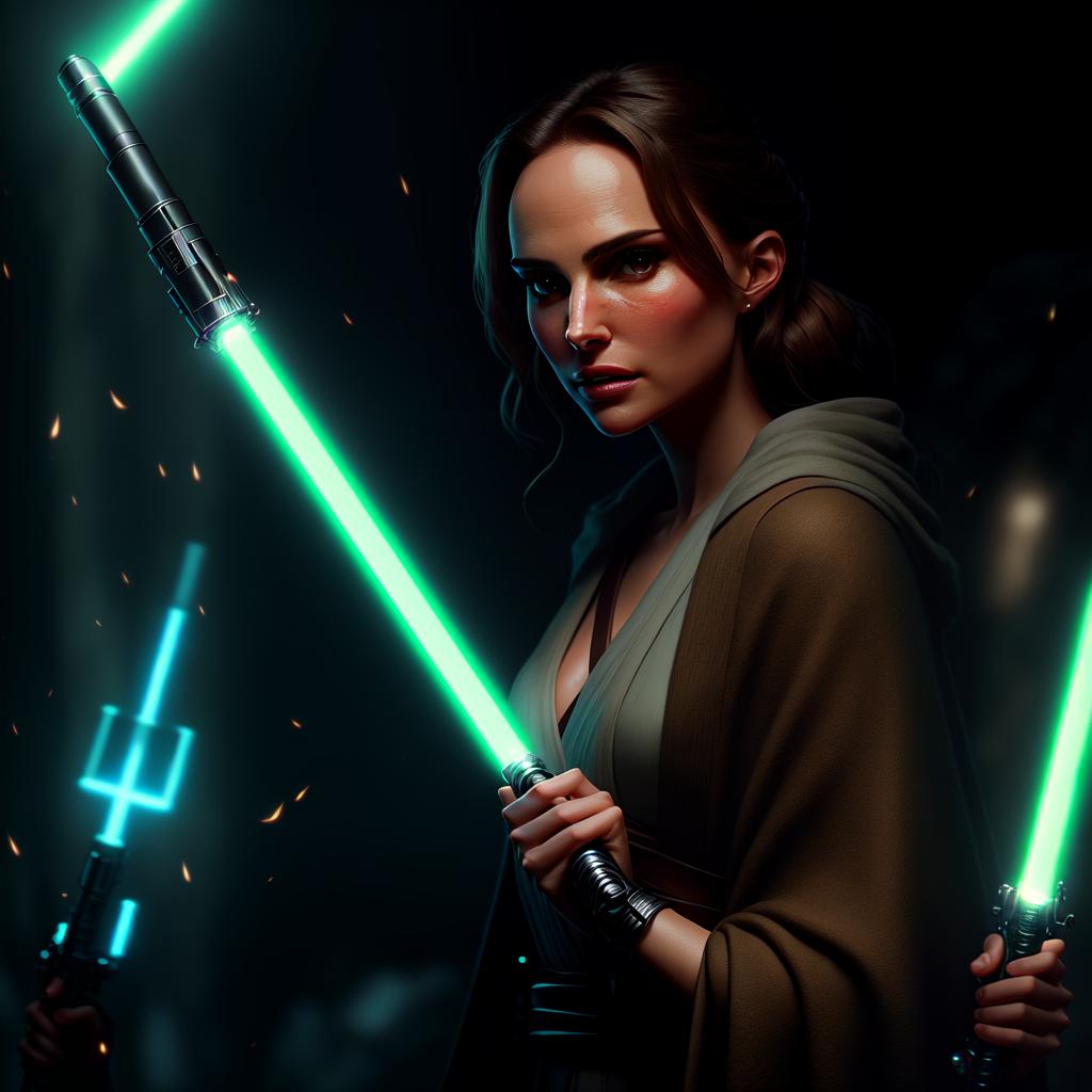  extremely photorealistic like real life wide shot of Natalie Portman as a Jedi knight holding a single lightsaber and using it to light up a dark cave, light focussed on her face. realistic proportions hyperrealistic, full body, detailed clothing, highly detailed, cinematic lighting, stunningly beautiful, intricate, sharp focus, f/1. 8, 85mm, (centered image composition), (professionally color graded), ((bright soft diffused light)), volumetric fog, trending on instagram, trending on tumblr, HDR 4K, 8K