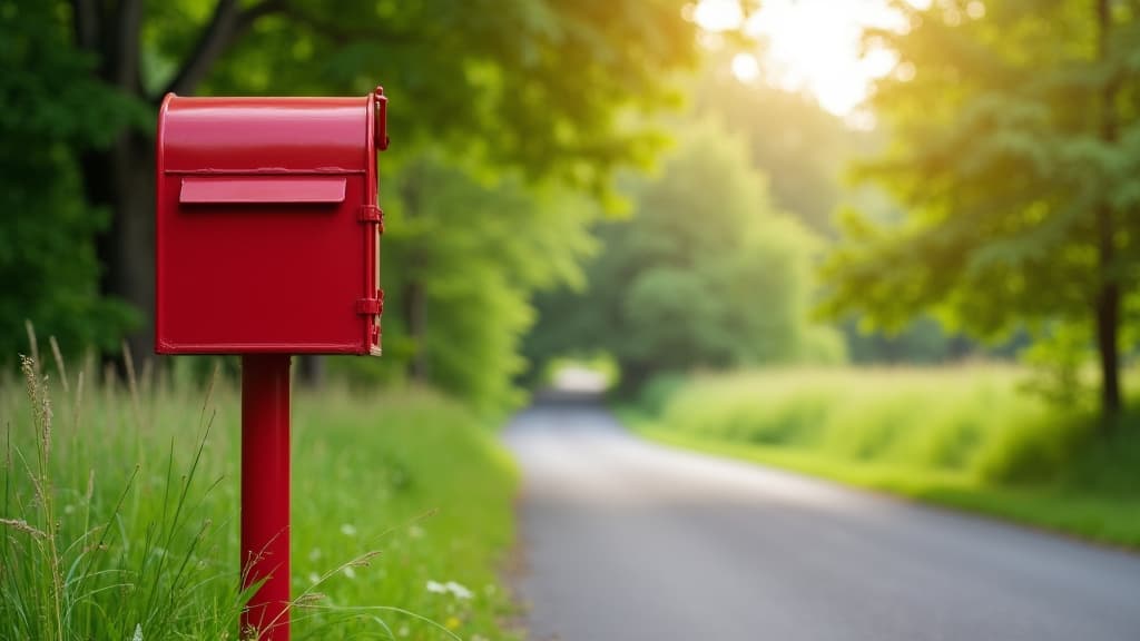  good quality, high quality, a bright red mailbox on a quiet rural road, standing out against the lush green countryside, symbolizing communication in a peaceful setting.