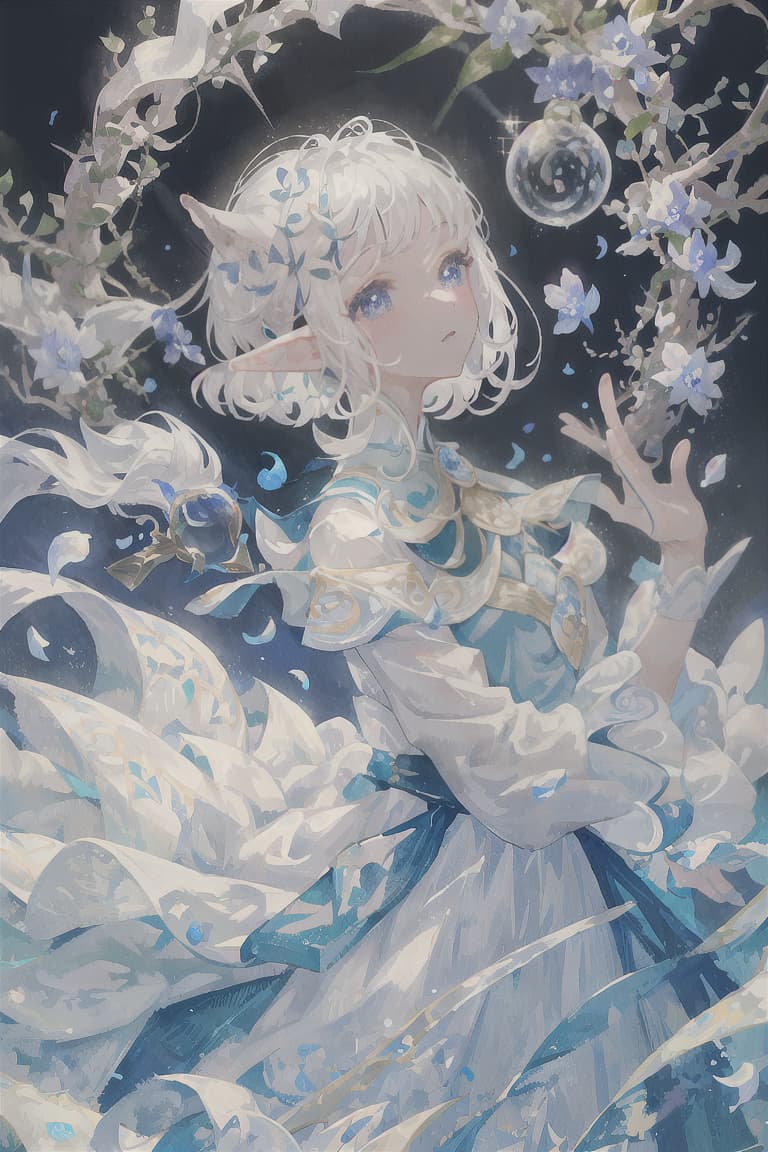  master piece , best quality,Elf ears, white hair, bobbed hair, soap bubbles, blue petals, white dress