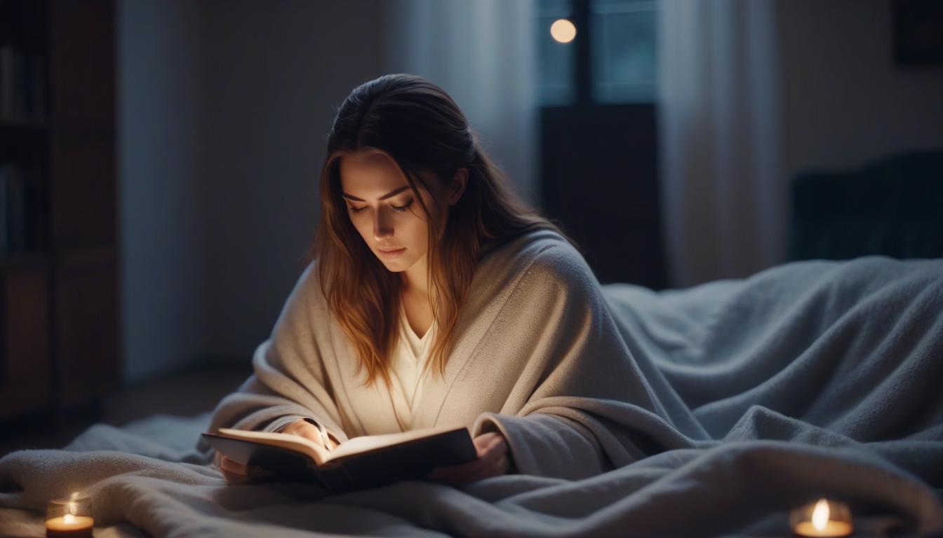  cinematic photo A long haired girl writes poems under a blanket. . 35mm photograph, film, bokeh, professional, 4k, highly detailed hyperrealistic, full body, detailed clothing, highly detailed, cinematic lighting, stunningly beautiful, intricate, sharp focus, f/1. 8, 85mm, (centered image composition), (professionally color graded), ((bright soft diffused light)), volumetric fog, trending on instagram, trending on tumblr, HDR 4K, 8K