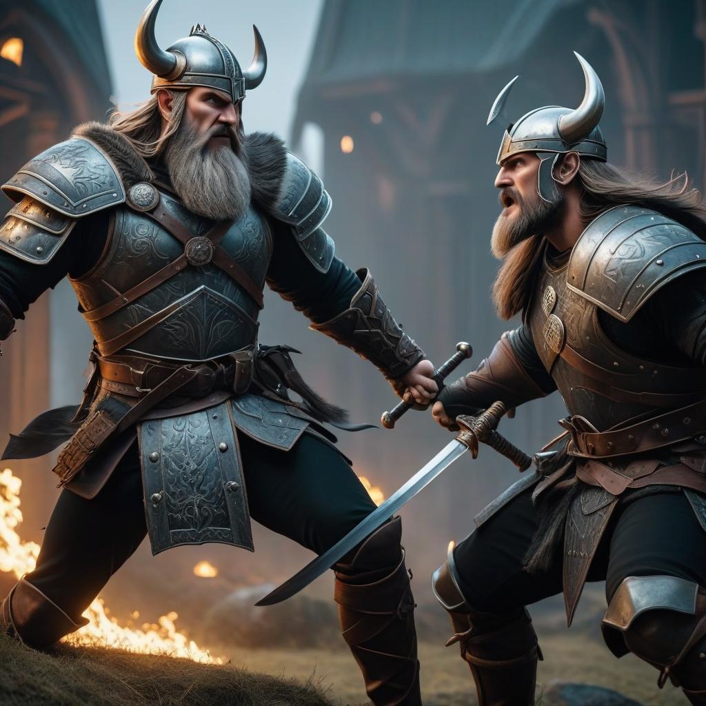  gothic style Two Vikings in metallic armor fighting with swords. . dark, mysterious, haunting, dramatic, ornate, detailed hyperrealistic, full body, detailed clothing, highly detailed, cinematic lighting, stunningly beautiful, intricate, sharp focus, f/1. 8, 85mm, (centered image composition), (professionally color graded), ((bright soft diffused light)), volumetric fog, trending on instagram, trending on tumblr, HDR 4K, 8K