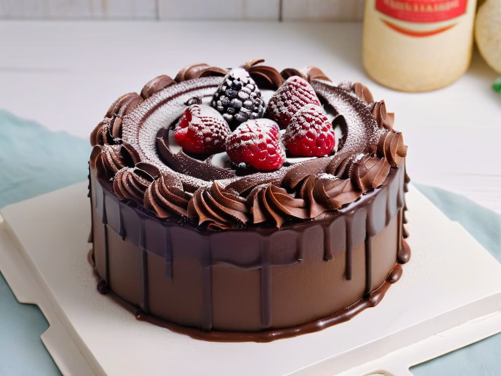  An ultradetailed, highresolution image of a decadent vegan chocolate cake, perfectly frosted with swirls of rich chocolate ganache, topped with fresh raspberries and mint leaves. The cake sits on a sleek, modern white platter against a soft, blurred background that highlights the cake's glossy finish and vibrant fruit toppings. hyperrealistic, full body, detailed clothing, highly detailed, cinematic lighting, stunningly beautiful, intricate, sharp focus, f/1. 8, 85mm, (centered image composition), (professionally color graded), ((bright soft diffused light)), volumetric fog, trending on instagram, trending on tumblr, HDR 4K, 8K