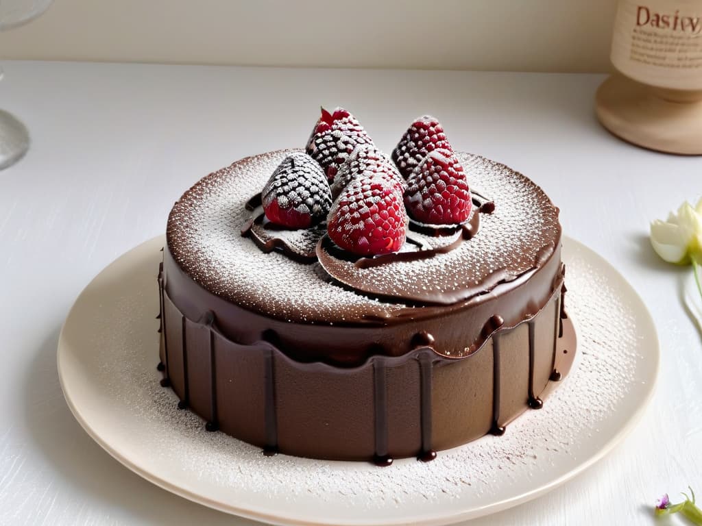  A minimalist image of a beautifully decorated vegan chocolate cake topped with fresh raspberries and a dusting of powdered sugar, displayed on a sleek white plate against a soft neutral background. The cake is intricately layered with rich chocolate ganache and adorned with delicate edible flowers, exuding elegance and decadence while highlighting the beauty of dairyfree vegan baking. hyperrealistic, full body, detailed clothing, highly detailed, cinematic lighting, stunningly beautiful, intricate, sharp focus, f/1. 8, 85mm, (centered image composition), (professionally color graded), ((bright soft diffused light)), volumetric fog, trending on instagram, trending on tumblr, HDR 4K, 8K