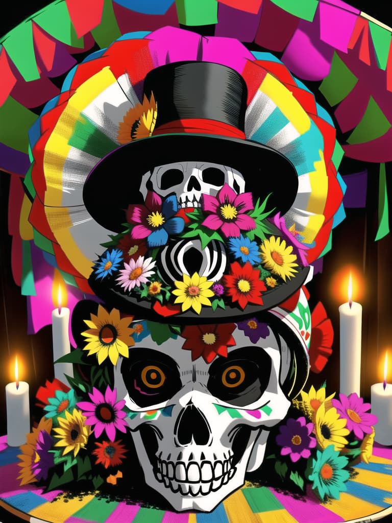  day of the dead, dia de los muertos, (sombrero hat), masterpiece, best quality, skull, (Mexican culture), traditional, celebration, festive, colorful, (Mexican festival paint), flowers, altar, candles, skeleton, spirits, Mexican holiday, vibrant, decorative, papel picado, festive makeup, cultural heritage, folk art, macabre, festive atmosphere