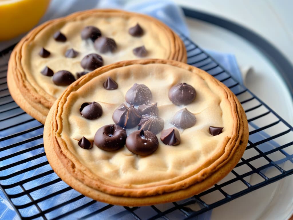  A closeup, ultradetailed image of a perfectly golden glutenfree chocolate chip cookie resting on a cooling rack, with a subtle steam rising from it. The cookie is slightly cracked on the edges, showcasing its soft and chewy interior studded with melty chocolate chips. The background is a blurred kitchen setting, with a hint of a wooden surface adding warmth to the composition. hyperrealistic, full body, detailed clothing, highly detailed, cinematic lighting, stunningly beautiful, intricate, sharp focus, f/1. 8, 85mm, (centered image composition), (professionally color graded), ((bright soft diffused light)), volumetric fog, trending on instagram, trending on tumblr, HDR 4K, 8K