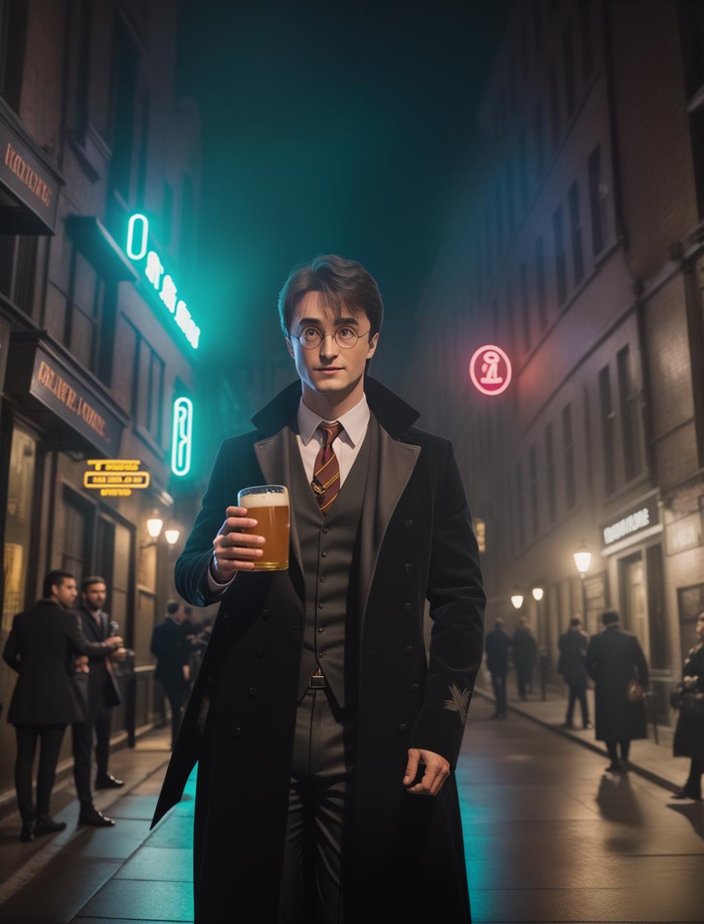  Harry Potter drinking beer neon lights hyperrealistic, full body, detailed clothing, highly detailed, cinematic lighting, stunningly beautiful, intricate, sharp focus, f/1. 8, 85mm, (centered image composition), (professionally color graded), ((bright soft diffused light)), volumetric fog, trending on instagram, trending on tumblr, HDR 4K, 8K