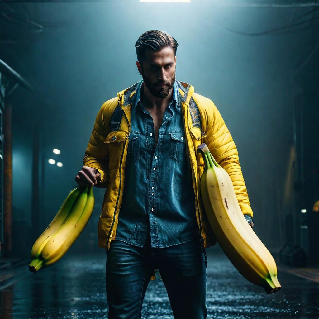   that is leaking banana hyperrealistic, full body, detailed clothing, highly detailed, cinematic lighting, stunningly beautiful, intricate, sharp focus, f/1. 8, 85mm, (centered image composition), (professionally color graded), ((bright soft diffused light)), volumetric fog, trending on instagram, trending on tumblr, HDR 4K, 8K