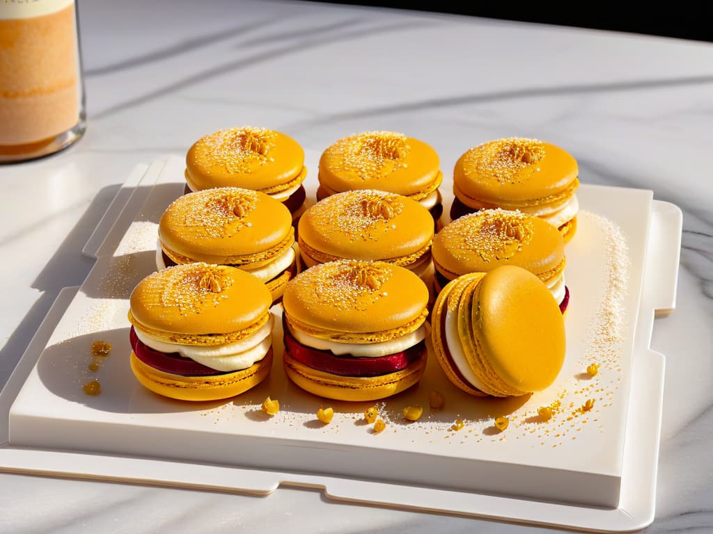  A closeup, ultradetailed image of perfectly baked, goldenbrown macarons placed on a sleek, modern, white marble countertop. The macarons are delicately dusted with a light sprinkle of powdered sugar, highlighting their smooth, glossy exteriors. Each macaron is precisely filled with a vibrant, naturally colored fruit compote, showcasing the intricate layers and impeccable piping skills. The image captures the elegance and precision of these homemade, healthy macarons, inviting the viewer to admire their beauty and tempting taste. hyperrealistic, full body, detailed clothing, highly detailed, cinematic lighting, stunningly beautiful, intricate, sharp focus, f/1. 8, 85mm, (centered image composition), (professionally color graded), ((bright soft diffused light)), volumetric fog, trending on instagram, trending on tumblr, HDR 4K, 8K