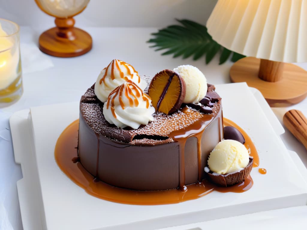  A closeup, photorealistic image of a decadent chocolate lava cake topped with a scoop of creamy coconut ice cream, drizzled with rich caramel sauce made from coconut sugar. The cake is perfectly moist, with a gooey center oozing out, set against a backdrop of tropical palm leaves to enhance the exotic feel. The lighting is soft, emphasizing the glossy textures of the dessert, inviting the viewer to indulge in the sweet flavors of coconut and chocolate. hyperrealistic, full body, detailed clothing, highly detailed, cinematic lighting, stunningly beautiful, intricate, sharp focus, f/1. 8, 85mm, (centered image composition), (professionally color graded), ((bright soft diffused light)), volumetric fog, trending on instagram, trending on tumblr, HDR 4K, 8K