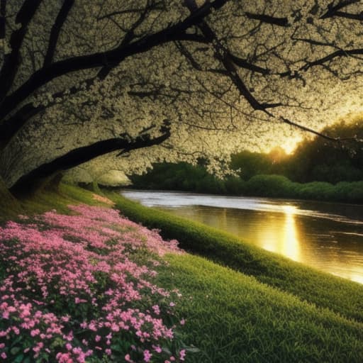  soft light. sunset. spring. flowers. the green grove. a stormy river. leaves. black