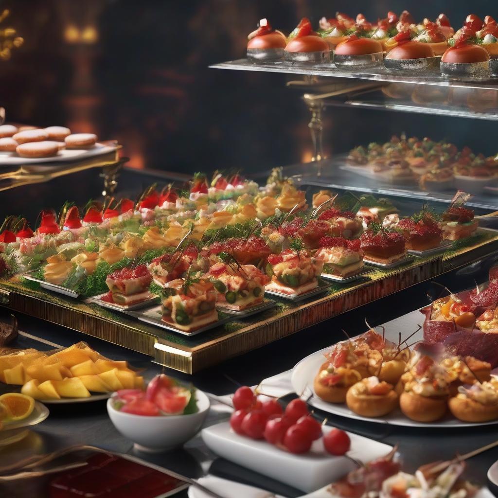  canapé Party Box for buffet hyperrealistic, full body, detailed clothing, highly detailed, cinematic lighting, stunningly beautiful, intricate, sharp focus, f/1. 8, 85mm, (centered image composition), (professionally color graded), ((bright soft diffused light)), volumetric fog, trending on instagram, trending on tumblr, HDR 4K, 8K