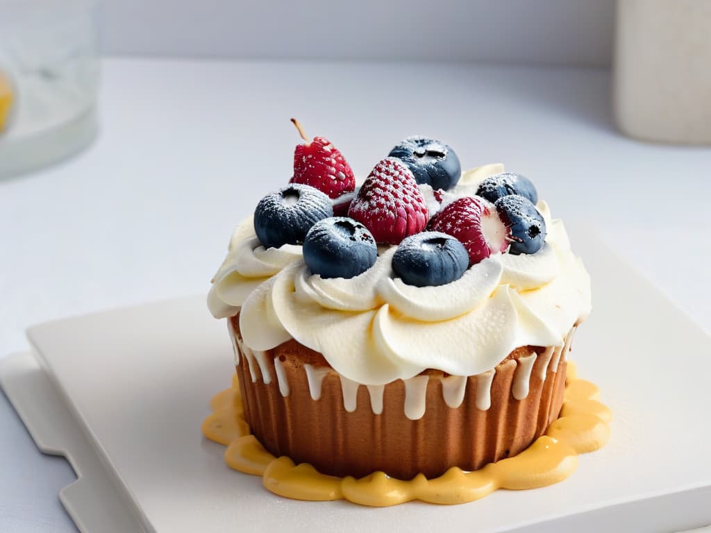  A closeup, ultradetailed image of a delicate, intricately decorated cupcake topped with fresh berries and a drizzle of honey, set on a modern, sleek plate against a clean, white background. The frosting is perfectly piped, showcasing the intricate design, while the vibrant colors of the berries pop against the neutral tones, creating a visually stunning and appetizing composition. hyperrealistic, full body, detailed clothing, highly detailed, cinematic lighting, stunningly beautiful, intricate, sharp focus, f/1. 8, 85mm, (centered image composition), (professionally color graded), ((bright soft diffused light)), volumetric fog, trending on instagram, trending on tumblr, HDR 4K, 8K