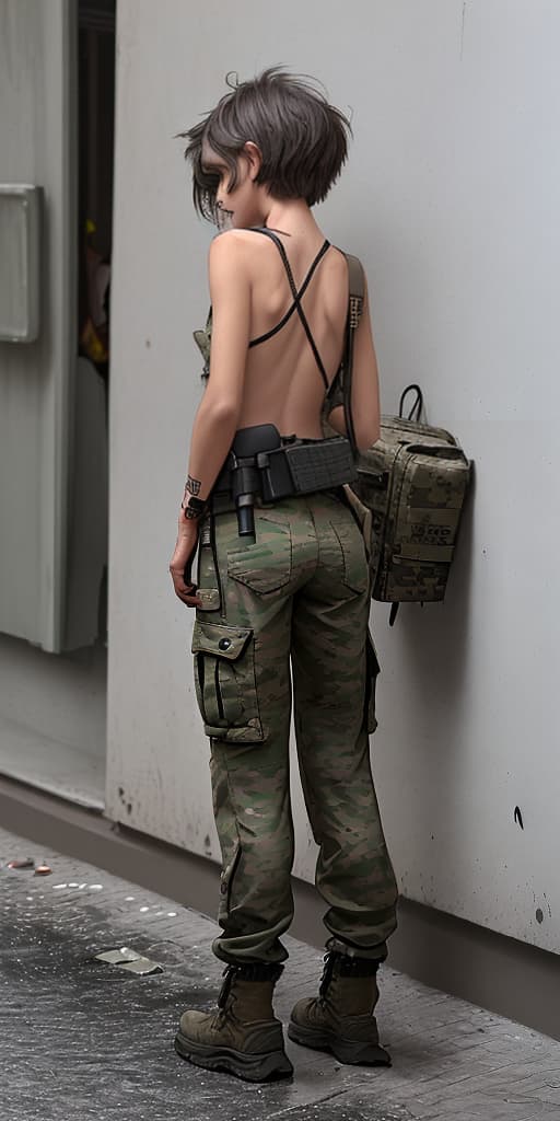  homeless-girl, boy's haircut, wearing only military pants, dirty, with her back, around the corner, it's raining