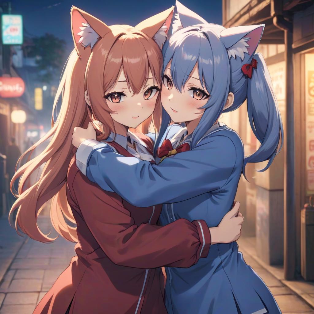  Two anime catgirls hugging in a shirt. Edit: To clarify, this is a "kigurumi" or "cosplay" term referring to the costumes worn by female characters in anime and manga. A "catgirl" (or "nekomime" in Japanese) typically wears a tight, skin tight body suit with cat ears and perhaps a cat's tail. The catsuit is sometimes referred to as a "shirt" because it can be worn over a regular shirt. In this instance, the two characters are both wearing catgirl costumes (shirts) and are hugging each other. Edit 2: Interestingly enough, if you search for this phrase on Google, you'll find several images of two catgirls hugging in a shirt. I assume this is because people are looking for specific images of this particular anime or manga scene. It's not rea hyperrealistic, full body, detailed clothing, highly detailed, cinematic lighting, stunningly beautiful, intricate, sharp focus, f/1. 8, 85mm, (centered image composition), (professionally color graded), ((bright soft diffused light)), volumetric fog, trending on instagram, trending on tumblr, HDR 4K, 8K