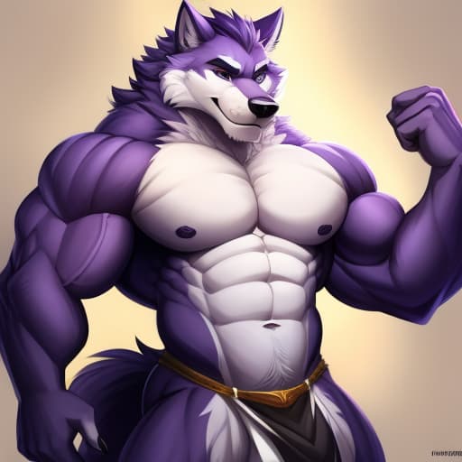  male, (Hyper muscular), wolf, anthropomorphic, )dark purple and white fur), (eyes without irises and pupils), (full body)(Gigantic biceps, triceps and pectorals), (cock), open eyes, digital art, masterpiece, 4k, fine details,