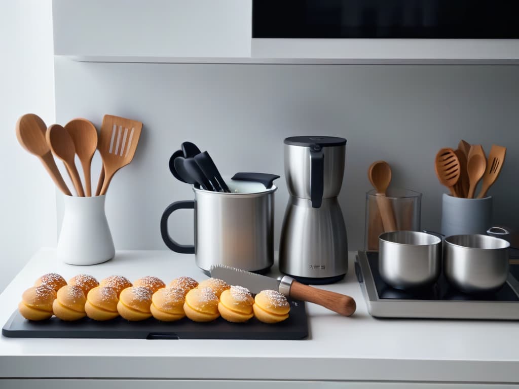  An ultradetailed, 8k resolution image of a sleek, minimalistic kitchen counter adorned with a set of iconic Friendsthemed baking utensils. The utensils are meticulously arranged in an aesthetically pleasing manner, showcasing a rolling pin, measuring cups, cookie cutters, and a whisk, all featuring subtle but unmistakable nods to the beloved TV show. The image captures the essence of a modern, stylish kitchen setup, with soft, natural lighting accentuating the highquality materials and intricate design details of the utensils. hyperrealistic, full body, detailed clothing, highly detailed, cinematic lighting, stunningly beautiful, intricate, sharp focus, f/1. 8, 85mm, (centered image composition), (professionally color graded), ((bright soft diffused light)), volumetric fog, trending on instagram, trending on tumblr, HDR 4K, 8K