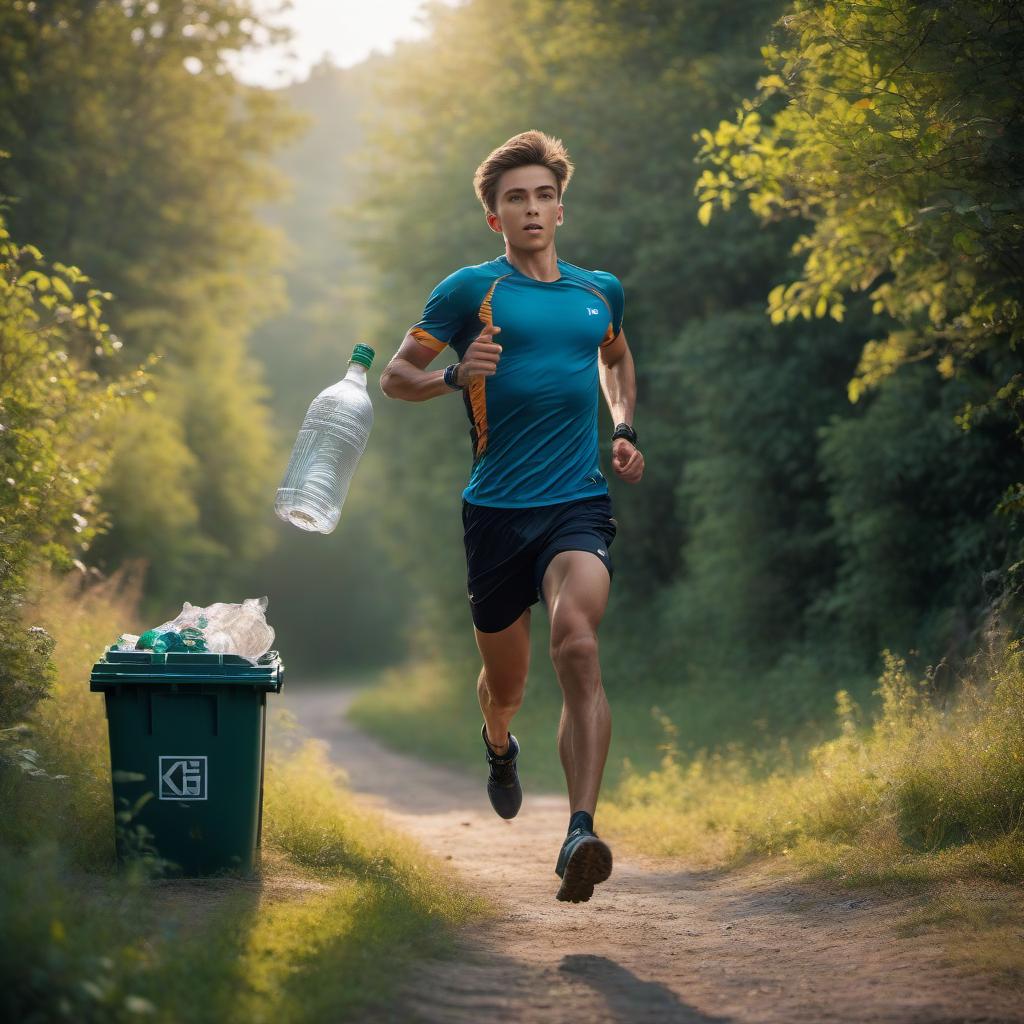  cinematic photo The boy athlete is running cross country while he lifts a bottle and throws it into a garbage bin with a distributor. . 35mm photograph, film, bokeh, professional, 4k, highly detailed hyperrealistic, full body, detailed clothing, highly detailed, cinematic lighting, stunningly beautiful, intricate, sharp focus, f/1. 8, 85mm, (centered image composition), (professionally color graded), ((bright soft diffused light)), volumetric fog, trending on instagram, trending on tumblr, HDR 4K, 8K