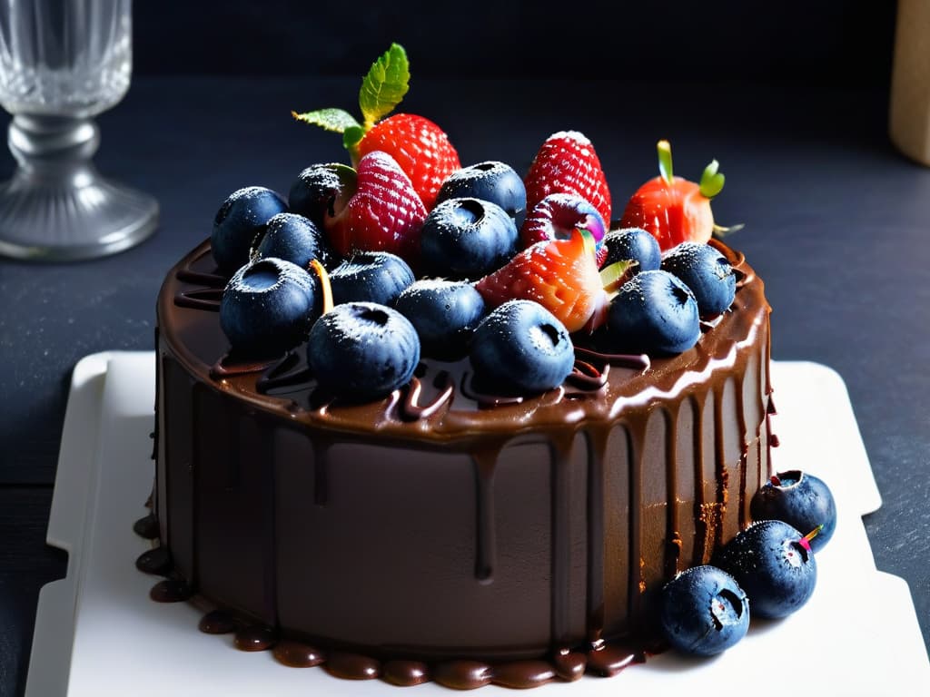  An elegant and minimalistic image of a decadent dairyfree chocolate cake topped with fresh berries, drizzled with dairyfree ganache, set on a sleek white plate against a dark backdrop. The cake is perfectly moist and rich, exuding a glossy sheen that reflects the soft lighting in the room, emphasizing its luxurious texture and intense flavors. The vibrant colors of the berries pop against the deep chocolate hue, creating a visually striking and appetizing composition that embodies the essence of dairyfree indulgence and culinary mastery. hyperrealistic, full body, detailed clothing, highly detailed, cinematic lighting, stunningly beautiful, intricate, sharp focus, f/1. 8, 85mm, (centered image composition), (professionally color graded), ((bright soft diffused light)), volumetric fog, trending on instagram, trending on tumblr, HDR 4K, 8K