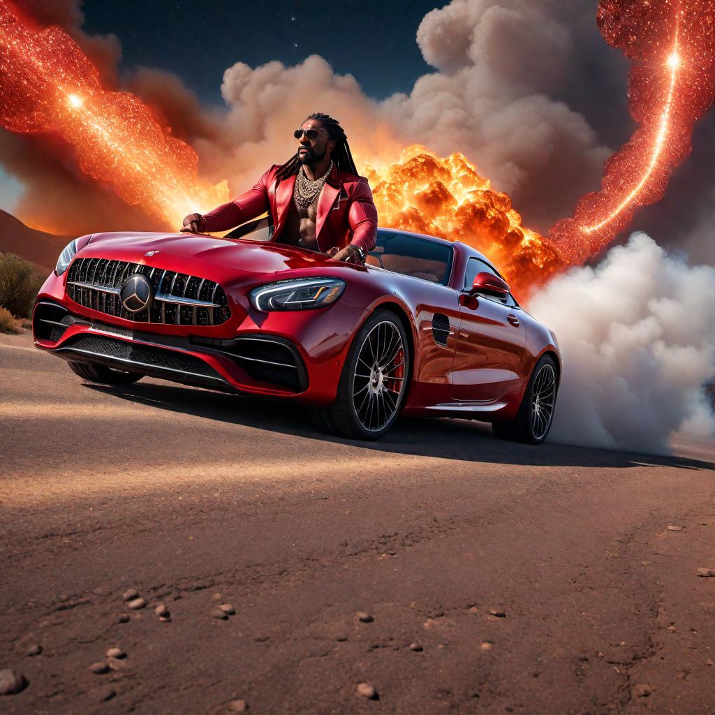  Mature muscular black man with dreadlocks, with fire in his eyes, wearing a diamond necklace, driving a cardinal red Mercedes through a meteor shower in the sky on Earth hyperrealistic, full body, detailed clothing, highly detailed, cinematic lighting, stunningly beautiful, intricate, sharp focus, f/1. 8, 85mm, (centered image composition), (professionally color graded), ((bright soft diffused light)), volumetric fog, trending on instagram, trending on tumblr, HDR 4K, 8K