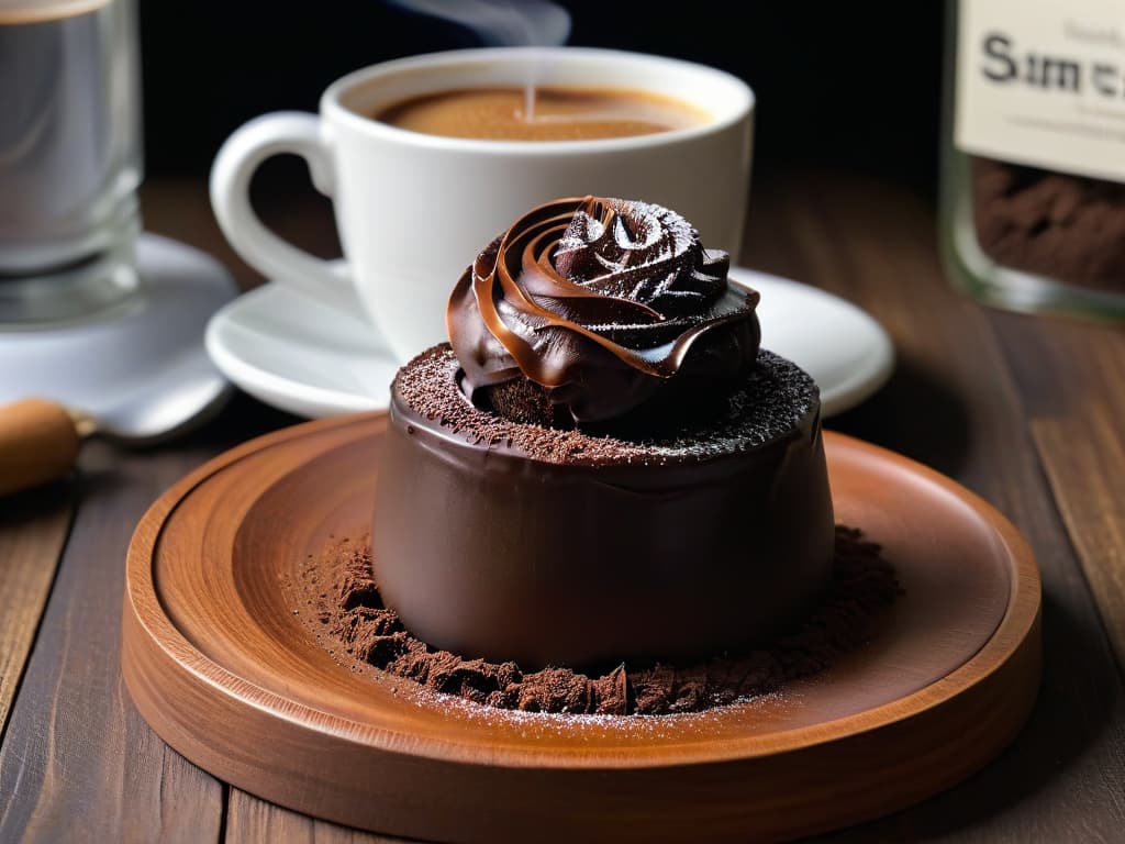  A closeup, photorealistic image of a beautifully crafted artisanal dark chocolate truffle placed delicately on a rustic wooden saucer next to a steaming cup of freshly brewed espresso. The rich, glossy texture of the chocolate glistens under soft natural lighting, showcasing intricate details like cocoa dusting and a decorative swirl of caramel. The espresso cup emits a mesmerizing wisp of steam, hinting at its aromatic richness. The background features a blurred cafe setting, adding a touch of ambiance to the scene. hyperrealistic, full body, detailed clothing, highly detailed, cinematic lighting, stunningly beautiful, intricate, sharp focus, f/1. 8, 85mm, (centered image composition), (professionally color graded), ((bright soft diffused light)), volumetric fog, trending on instagram, trending on tumblr, HDR 4K, 8K