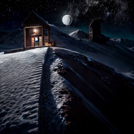  a house on a big mountain, by night, moon in sky, stars light, raw photo, creative, best quality, masterpiece