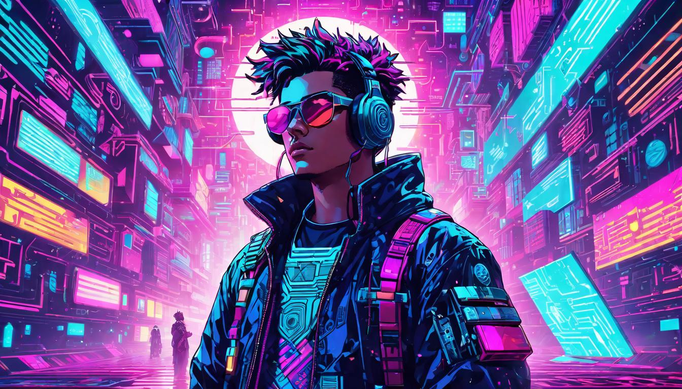  vaporwave,cyberpunk game style Person surrounded by intricate patterns, cosmic symbols floating, expression of wonder, infinite connectionseon, dystopian, futuristic, digital, vibrant, detailed, high contrast, reminiscent of cyberpunk genre video games,retro aesthetic, cyberpunk, vibrant, neon colors, vintage 80s and 90s style, highly detailed