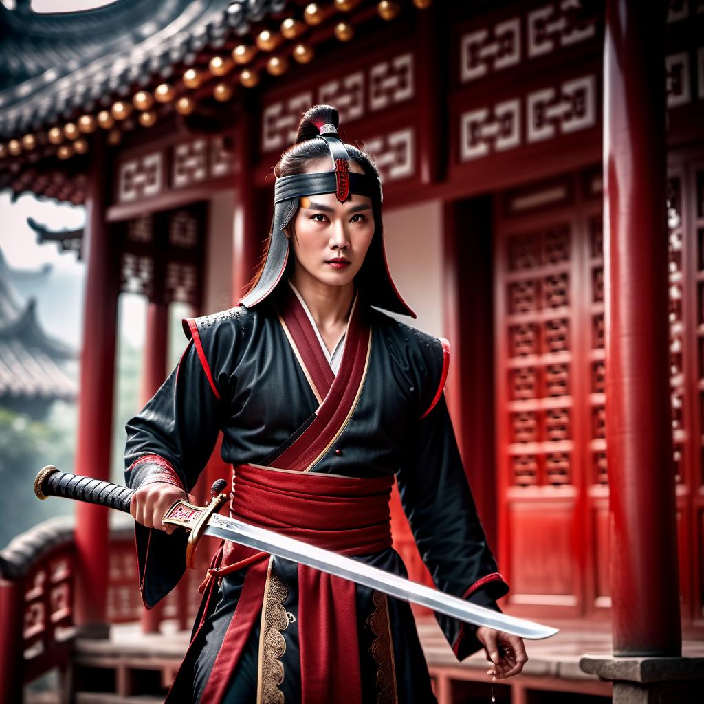  cinematic film still Assassin with Roninga costume and shining eyes holds an o blood-stained sword on the background of ancient Chinese house. Blood droplets fly around. . shallow depth of field, vignette, highly detailed, high budget, bokeh, cinemascope, moody, epic, gorgeous, film grain, grainy